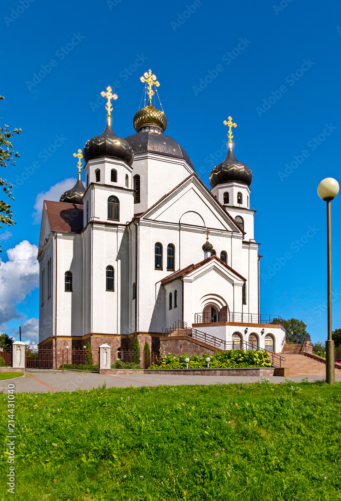 cathedral against a bright blue sky and a green lawn