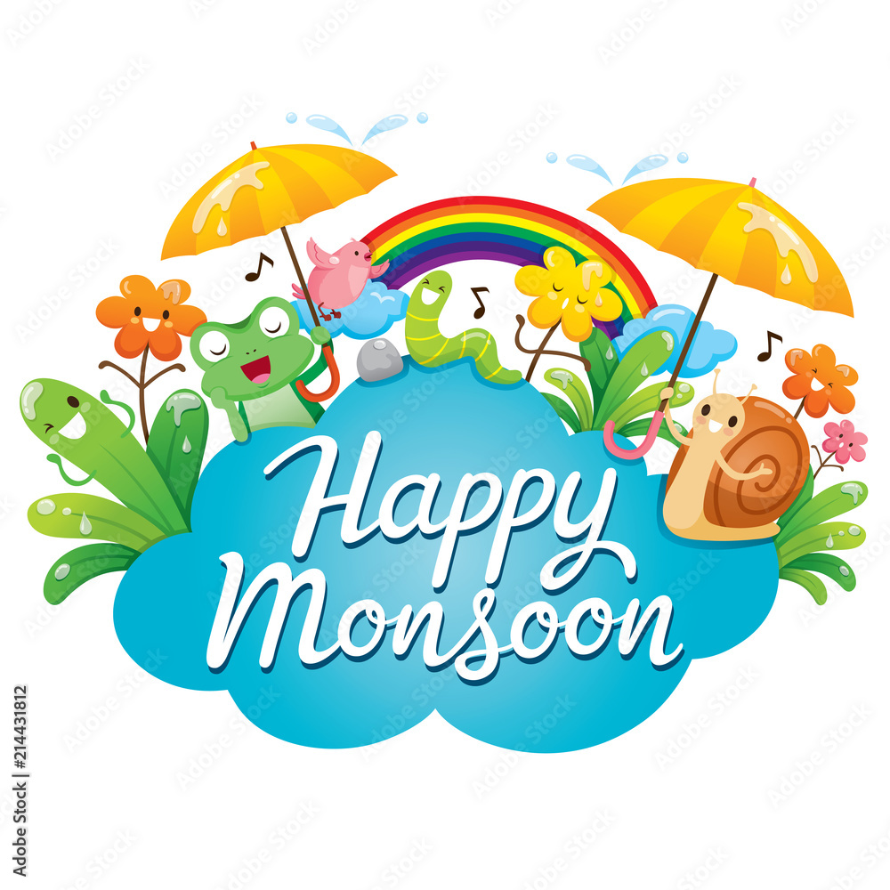 Banner Of Happy Monsoon With Cartoon Character, Animals And Nature