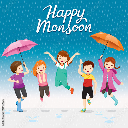 Five Children With Umbrella And Raincoat Jumping In The Rain Playfully