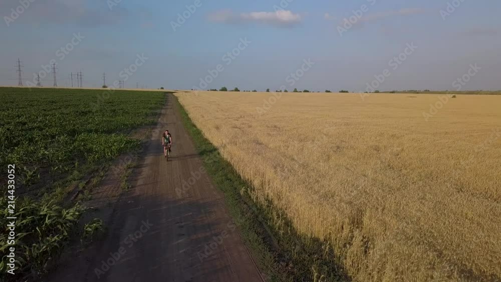 Aerial shooting of cyclist rides along the road between agricultural fields. 4K Aerial shooting of cyclist rides along the road between agricultural fields. 4K