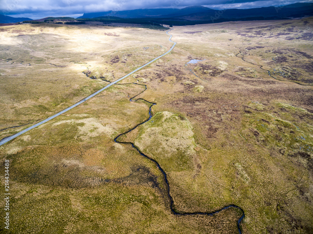 Aerial view of the B4391 through the moor and mountains of Wales, United Kingdom Aerial view of the B4391 through the moor and mountains of Wales, United Kingdom