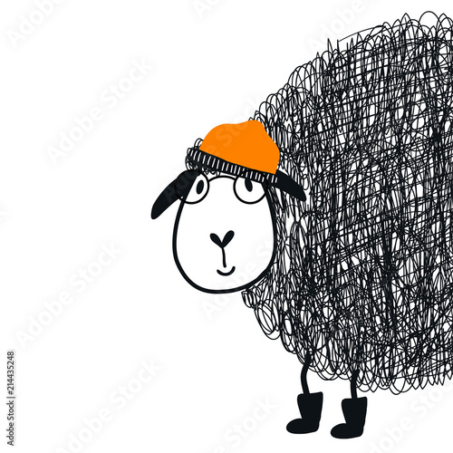 Cute hand drawn nursery poster with cartoon sheep animal character with glasses and a cap.
