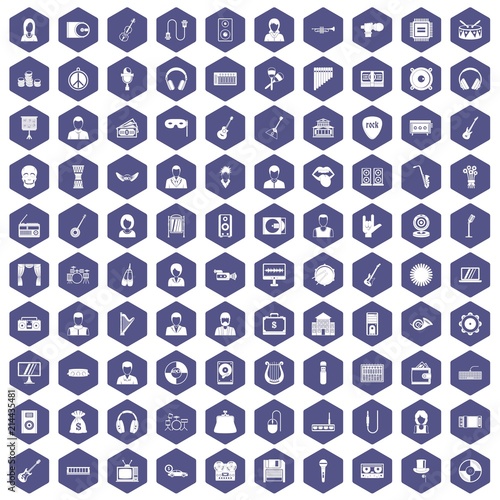 100 music icons set in purple hexagon isolated vector illustration
