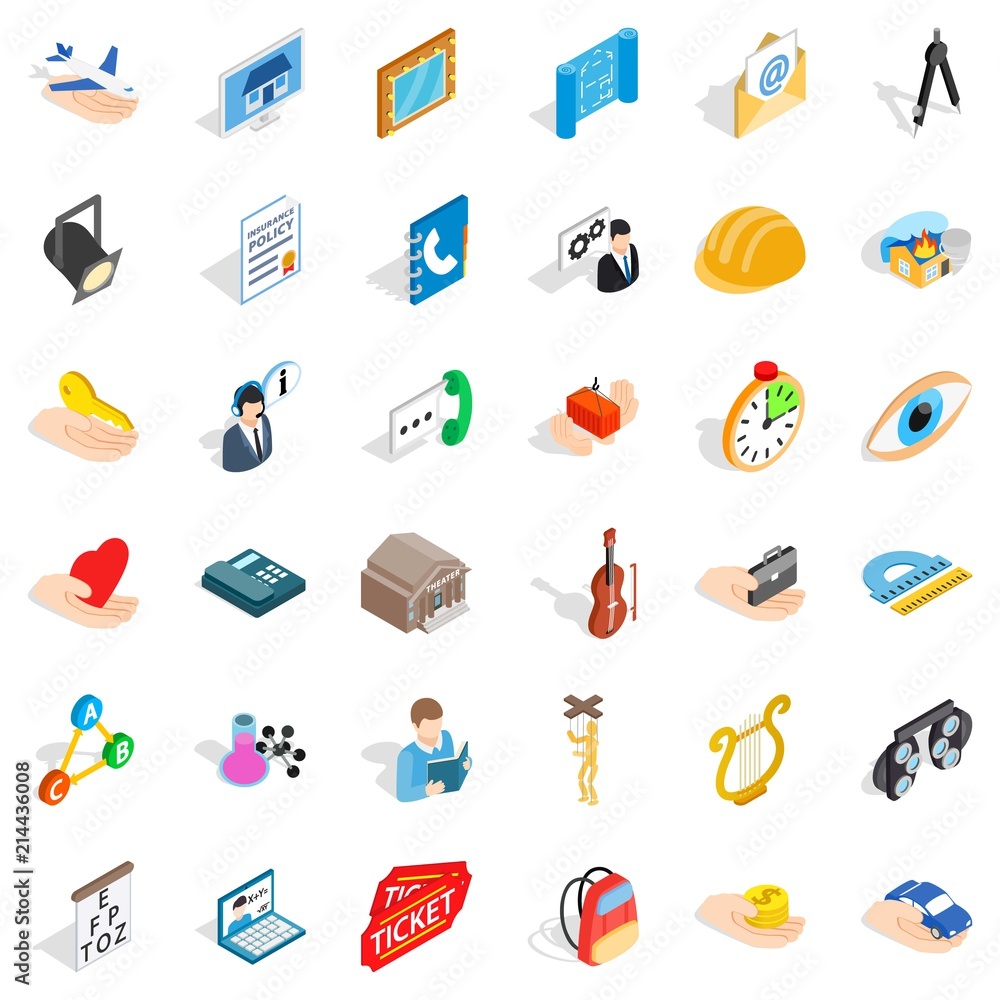Office work icons set. Isometric style of 36 office work vector icons for web isolated on white background Office work icons set. Isometric style of 36 office work vector icons for web isolated on white background