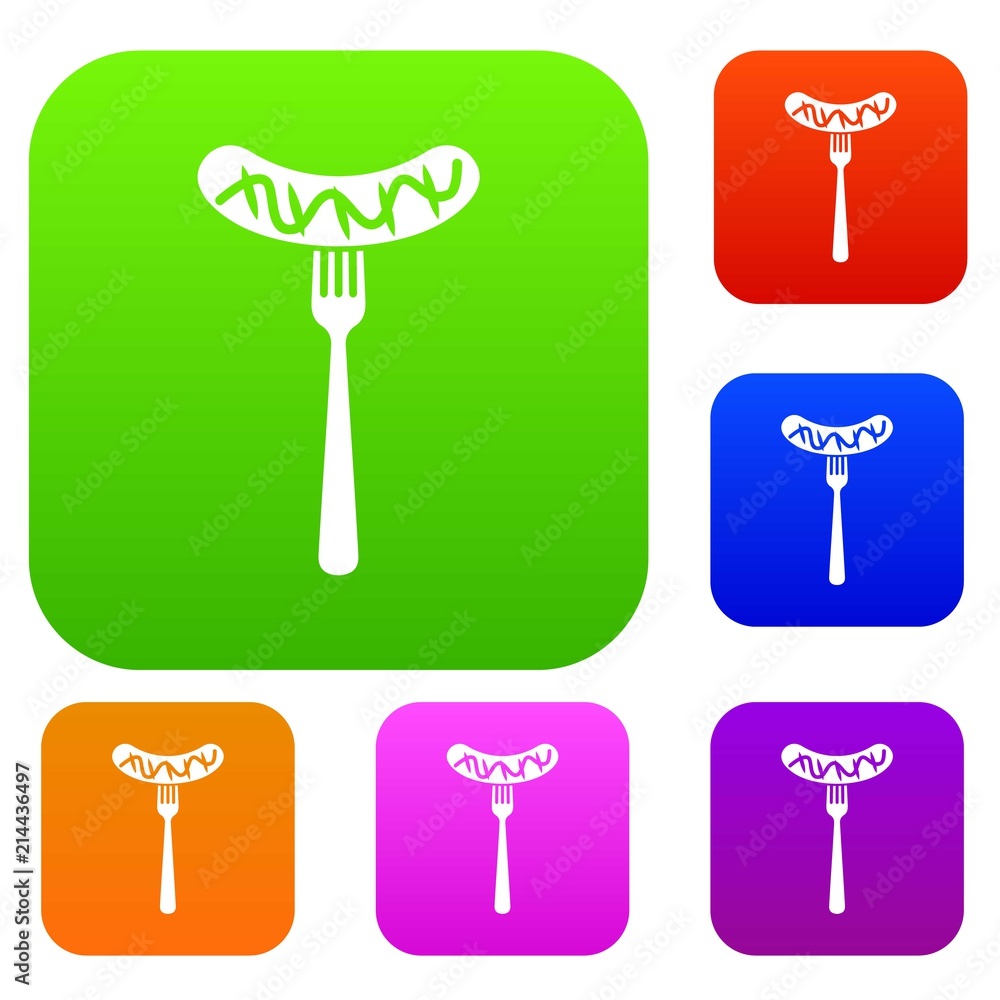 Grilled sausage on a fork mustard set icon in different colors isolated vector illustration. Premium collection Grilled sausage on a fork mustard set icon in different colors isolated vector illustration. Premium collection