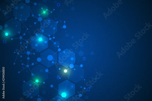 Molecular structure background and communication. Abstract background with molecule DNA. Medical, science and digital technology concept with connected lines and dots.