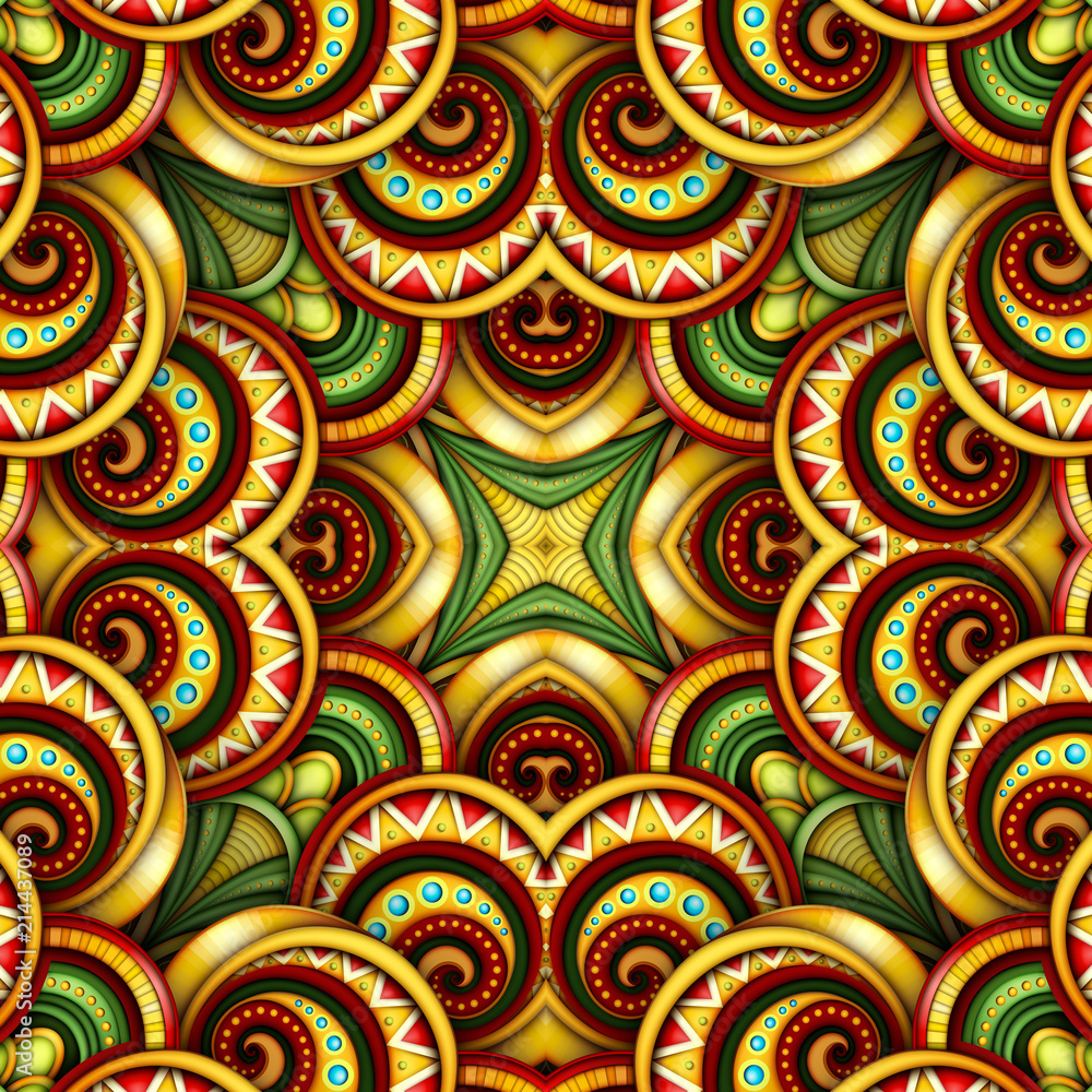 Colored Seamless Tile Pattern, Fantastic Kaleidoscope. Endless Ethnic Texture with Abstract Design Element. Khokhloma, Gypsy, Paisley Garden Style. Realistic Glossy Ornament. Vector 3d Illustration