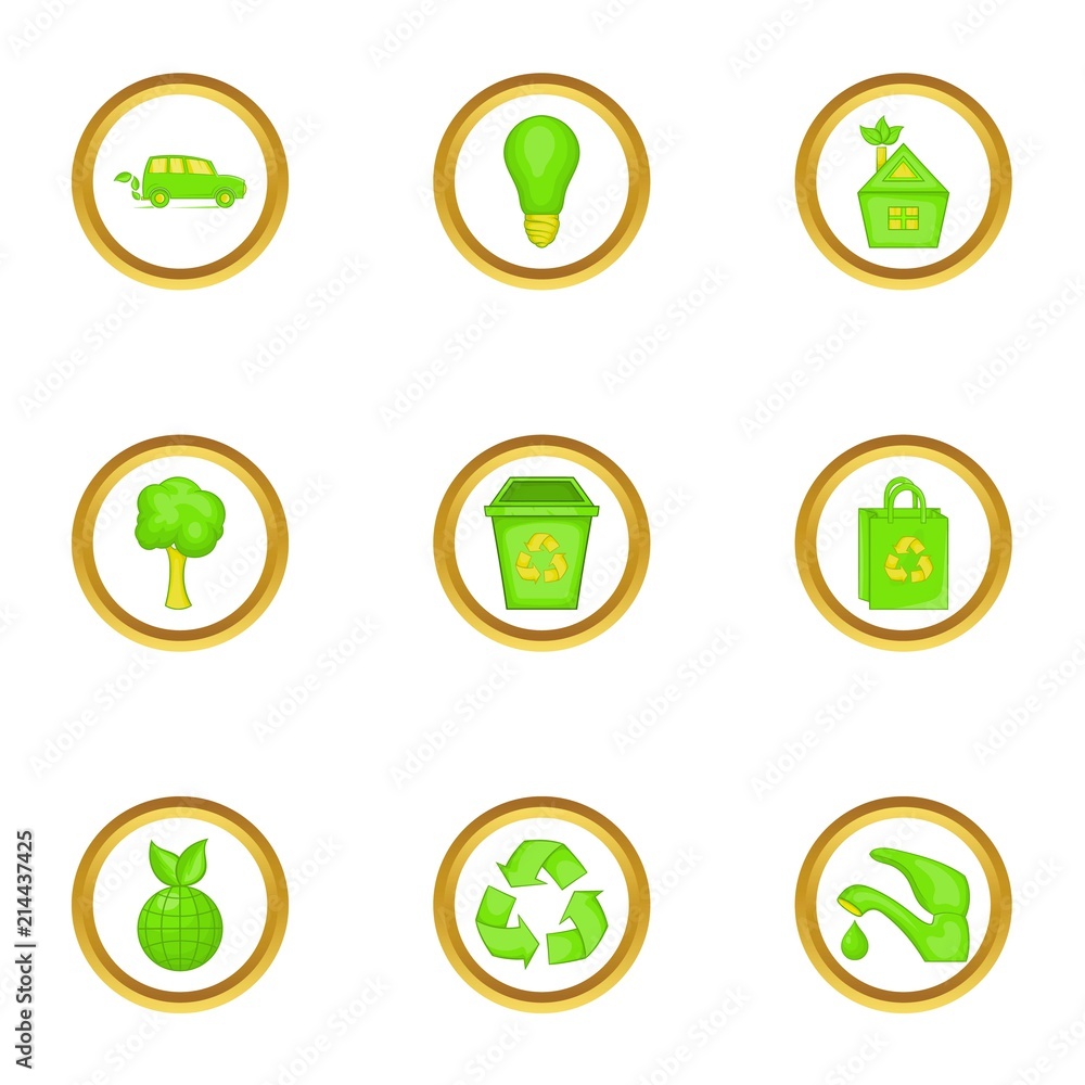 Green things icons set. Cartoon set of 9 green things vector icons for web isolated on white background Green things icons set. Cartoon set of 9 green things vector icons for web isolated on white background
