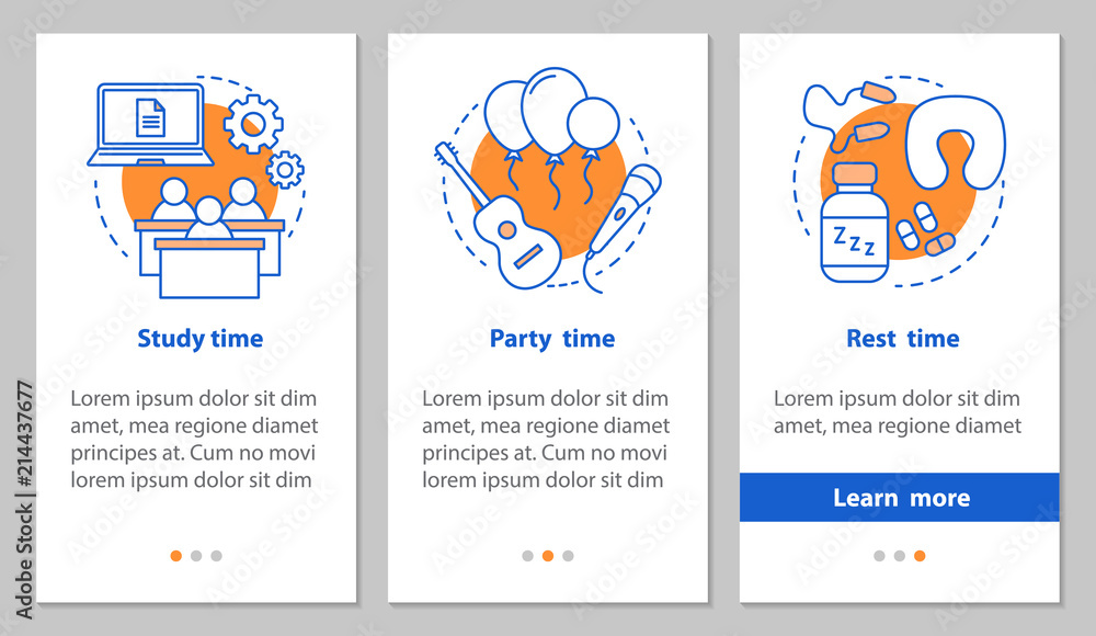 Naklejka premium Study, party and rest time onboarding mobile app page screen wit
