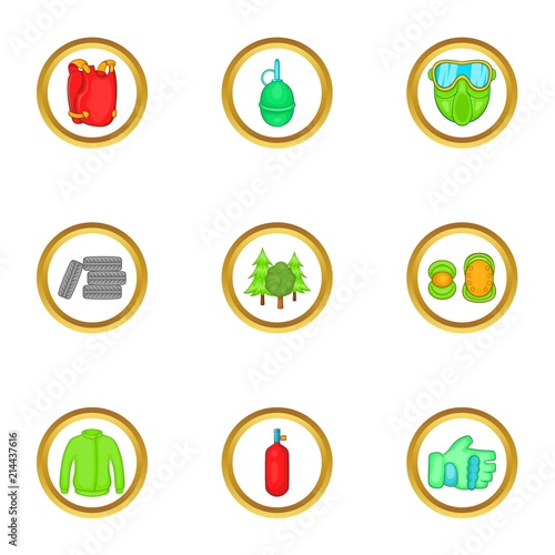 Paintball things icons set. Cartoon set of 9 paintball things vector icons for web isolated on white background