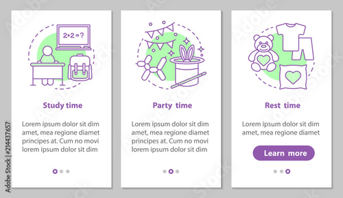 Study, party and rest time onboarding mobile app page screen wit