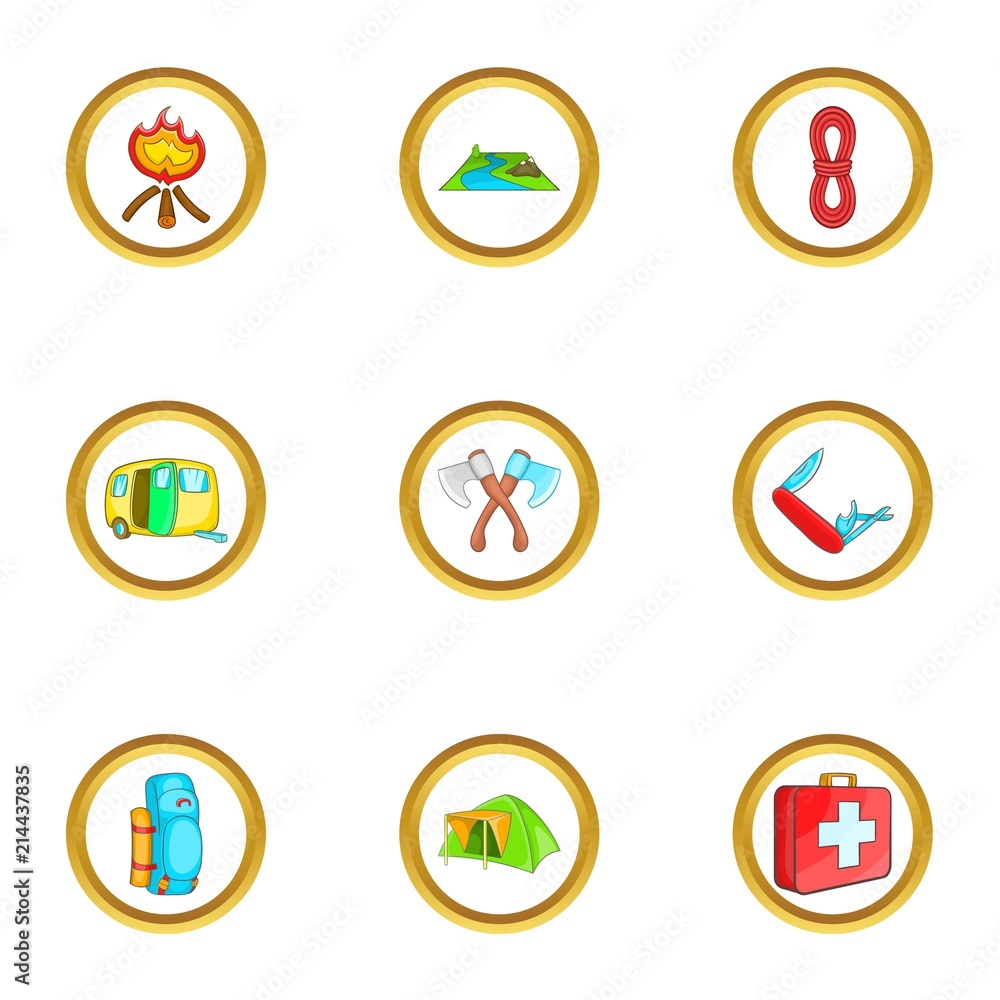 Camping rest icons set. Cartoon set of 9 camping rest vector icons for web isolated on white background Camping rest icons set. Cartoon set of 9 camping rest vector icons for web isolated on white background