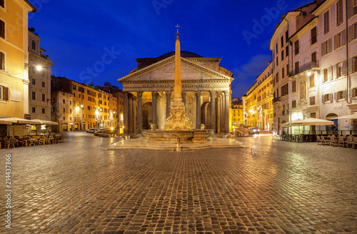 Pantheon at dawn in Rome, Italy. Temple of all the gods. Former Roman temple, now church, in Rome. Piazza della Rotonda.