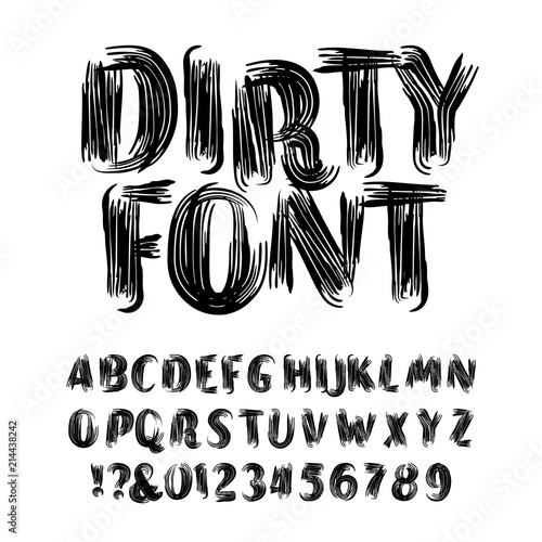 Dirty alphabet font. Uppercase brush stroke distressed letters and numbers. Stock vector typeface.
