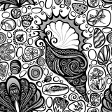 Monochrome Seamless Pattern with Sea Pebbles and Sea Shells. Detailed Pebble-stones Ornament, Beetles, Acorn, Mushroom, Dragonfly. Boho Style Mosaic Background, Ethnic Motifs. Vector Illustration