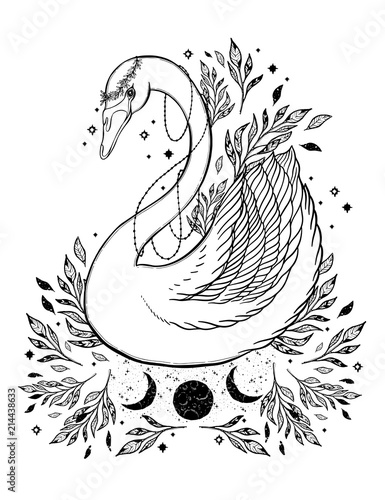 Sketch graphic illustration Beautiful Swan fairytale character with mystic and occult hand drawn symbols. Vector illustration. Vintage Hands with Old Fashion Tattoos.