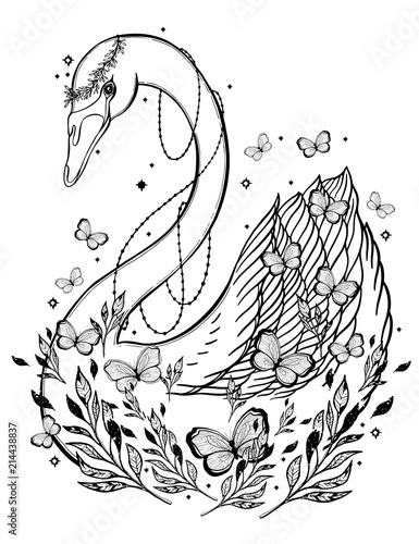 Sketch graphic illustration Beautiful Swan fairytale character with mystic and occult hand drawn symbols. Vector illustration. Vintage Hands with Old Fashion Tattoos.