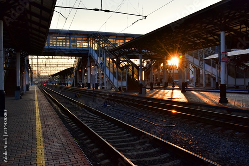 July 1, 2018. Russia. The bright sun shines through the structures. Passenger platforms under sheds. Central railway passenger station in the city of Krasnoyarsk.