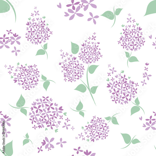 Seamless lilac flowers pattern on white background.