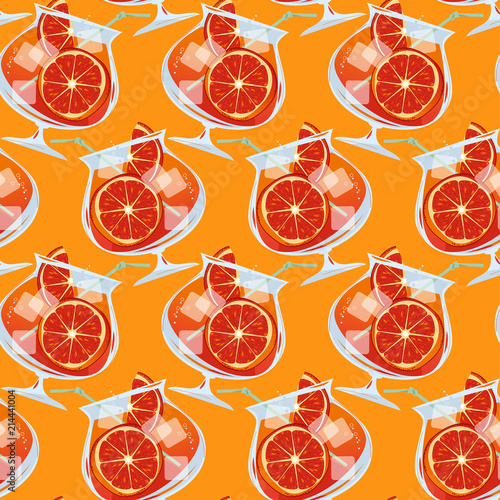 Aperol Spritz cocktail with a slice of orange. Traditional summer drink. Seamless background pattern.