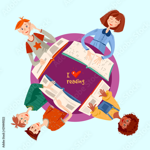 School reading club. Girls and boys sitting at the round table and reading books. Blind girl reads a book in braille. Literacy Day.