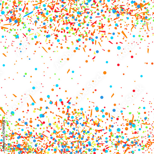 Multicolored pattern with random falling colored confetti on white background. Texture with glitters for design. Greeting cards. Explosion. Bright firework. Print for polygraphy and posters