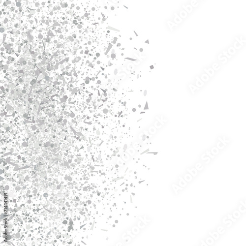 Explosion. Texture with silver glitters on white. Geometric background with confetti. Pattern for design. Print for banners, posters, flyers and textiles. Greeting cards
