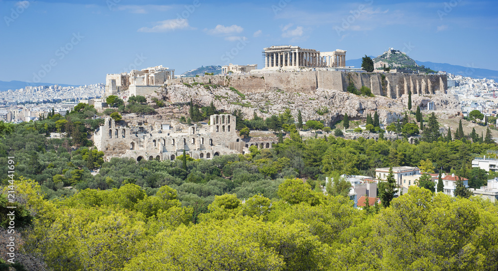 View of Acropolis from Philopappos hill on a sunny summer day, Athens, Greece