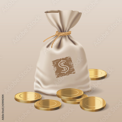 Bag with realistic coins vector illustration