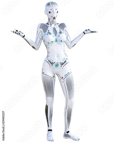 Robot woman. Metal droid. Artificial Intelligence. Conceptual fashion art. Realistic 3D render illustration. Studio  isolate  high key.