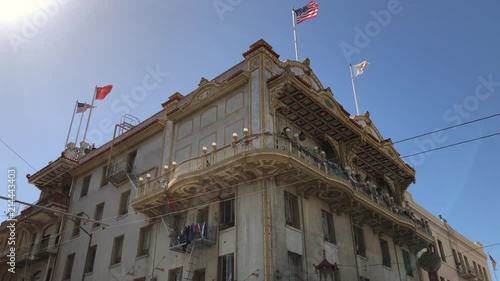 A gimbal shot of a building in china town in San Francisco California