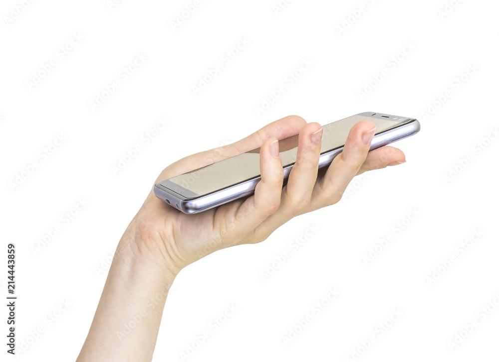 Woman hand holding smartphone isolated on white background. Woman hand holding smartphone isolated on white background.