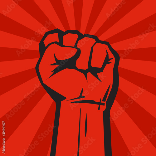 Raised hand with clenched fist on grunge background with sun rays. Vector.