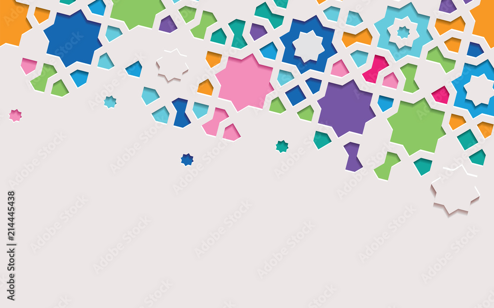 Arabic arabesque design greeting card for Ramadan Kareem.Islamic abstract ornamental colorful detail of mosaic.Vector illustration. Arabic arabesque design greeting card for Ramadan Kareem.Islamic abstract ornamental colorful detail of mosaic.Vector illustration.