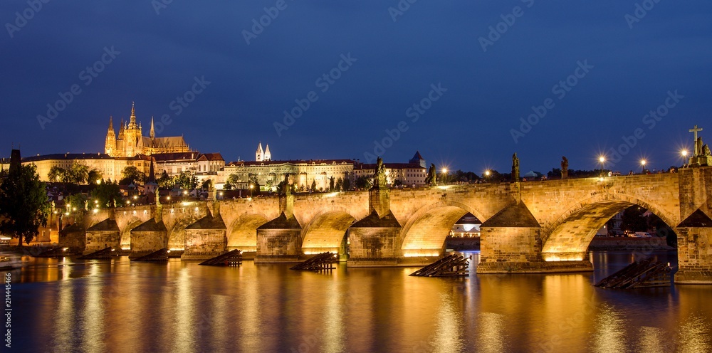 Charles bridge and Prague castle on evening