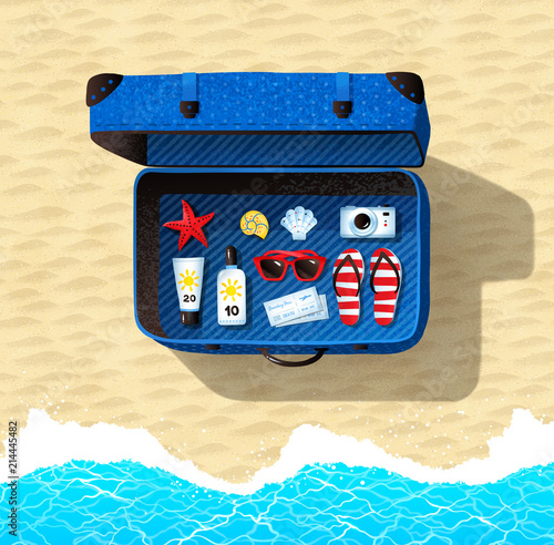 Top view illustration of blue travel suitcase © Sonya illustration