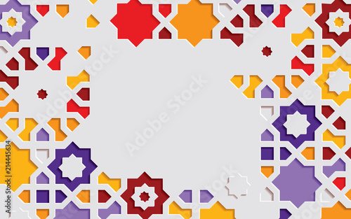 Arabic arabesque design greeting card for Ramadan Kareem.Islamic ornamental colorful detail of mosaic. Background vector illustration.