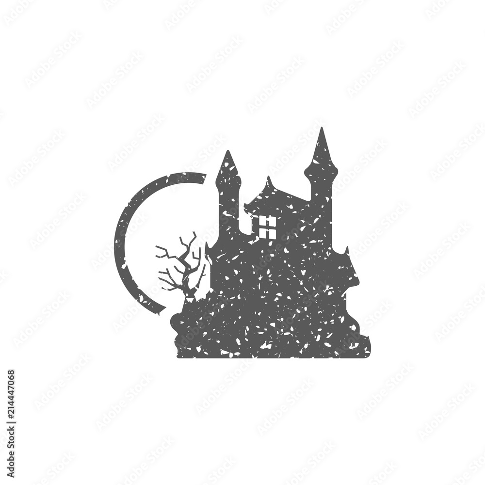 Dark castle icon in grunge texture. Vintage style vector illustration.