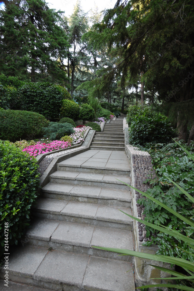 Large, long stairs between green spaces and flower beds in the park