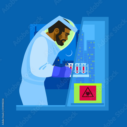 A scientist in biological protective suit working with bio hazardous substances. Vector