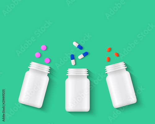 Pills, tablets and capsules with white pill bottles on green background. Assorted pharmaceutical medicine concept, top view. Realistic vector illustration.