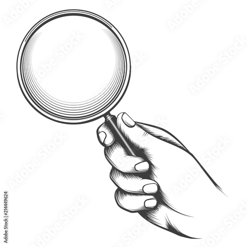 Vintage magnifier glass. Victorian man hand old sketch with magnifying glass, detective hand retro drawing vector illustration