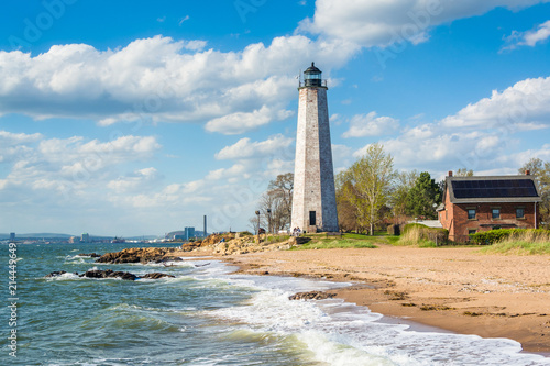 The New Haven Lighthouse, at Lighthouse Point Park in New Haven, Connecticut.