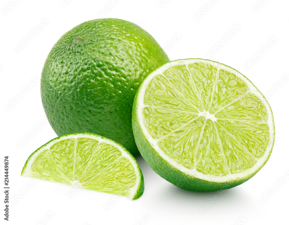 Citrus lime fruit with slice and half isolated on white background. Lime citrus fruit with clipping path Citrus lime fruit with slice and half isolated on white background. Lime citrus fruit with clipping path