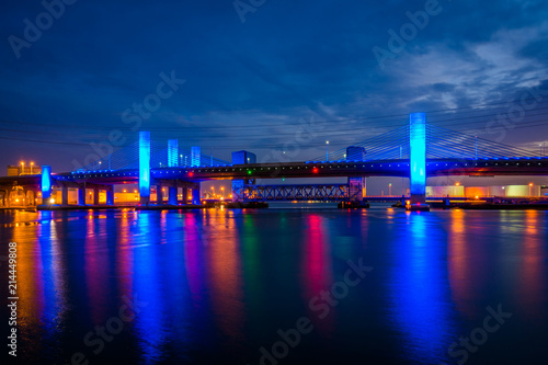 The Pearl Harbor Memorial Bridge at night in New Haven, Connecticut