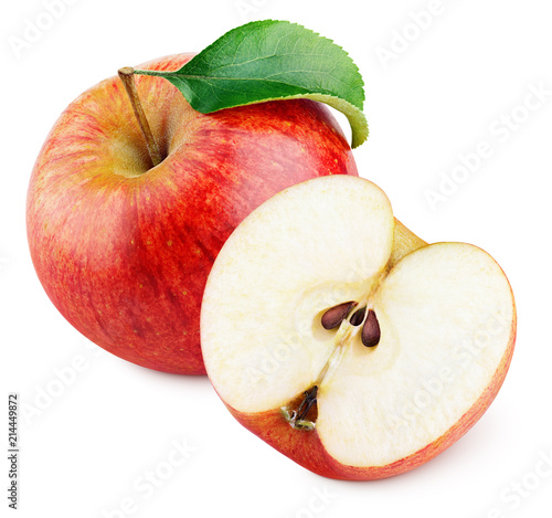 Ripe red apple fruit with apple half and green leaf isolated on white background. Red apples and leaf with clipping path