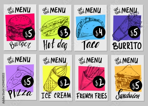 Fast food menu. Hand drawn sketch converted to vector
