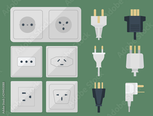 Electric plugs stack outlet illustration energy socket electrical outlets plugs european and usa, asia appliance interior icon. Wire cable cord plug-connection electrical outlets plugs double american