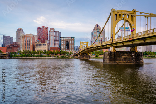 The Roberto Clemente Bridge and Pittsburgh skyline, seen from Allegheny Landing, in Pittsburgh, Pennsylvania.