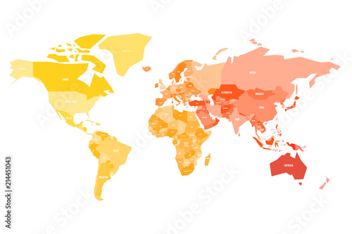 Multicolored map of World. Simplified political map with national borders ande name labels of countires. Colorful vector illustration in warm colors.